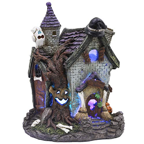 Valery Madelyn Pre-Lit 8.7 Inch Halloween House Statue Figurine with Witch’s Hat Pumpkin for Halloween Decorations, Happy Halloween Theme Haunted Church Lit House for Indoor and Halloween Party Decor